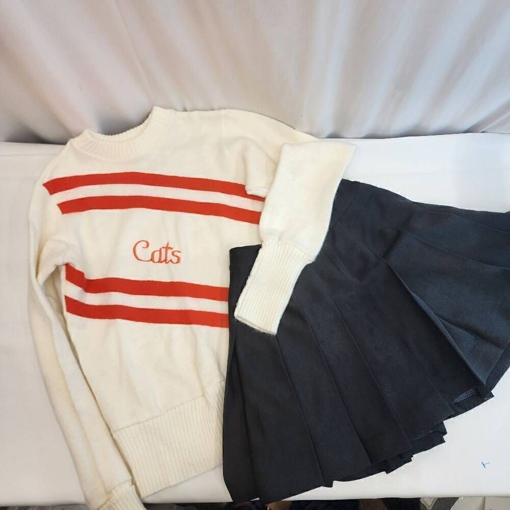 Vintage Authentic Cheerleader Uniform Cats Long Sleeve Varsity Top Black Skirt S